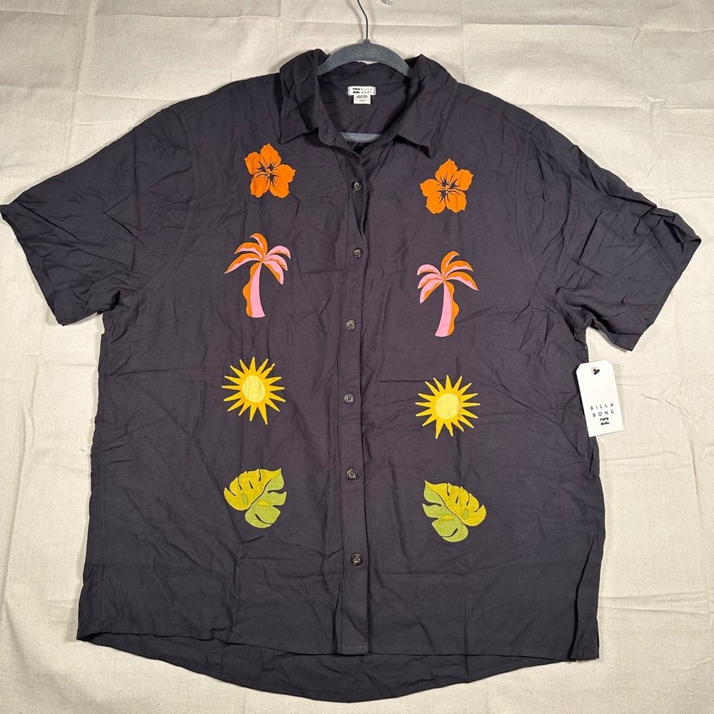 Billabong On Vacation Shirt 2 Mens Large Black Short Sleeve Tropical Embroidered